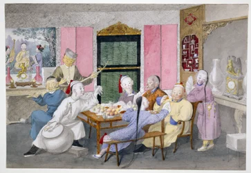 Mandarijn wordt vermaakt door muzikanten c.1860